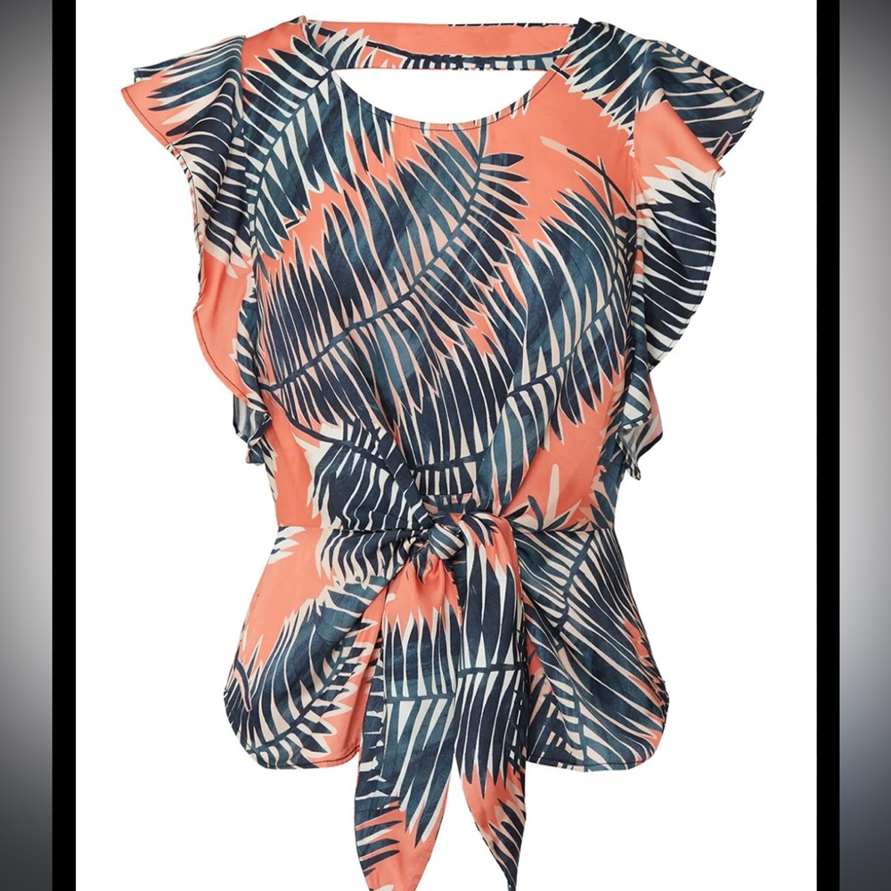 Sita Murt tropical print top coral blue leaves M